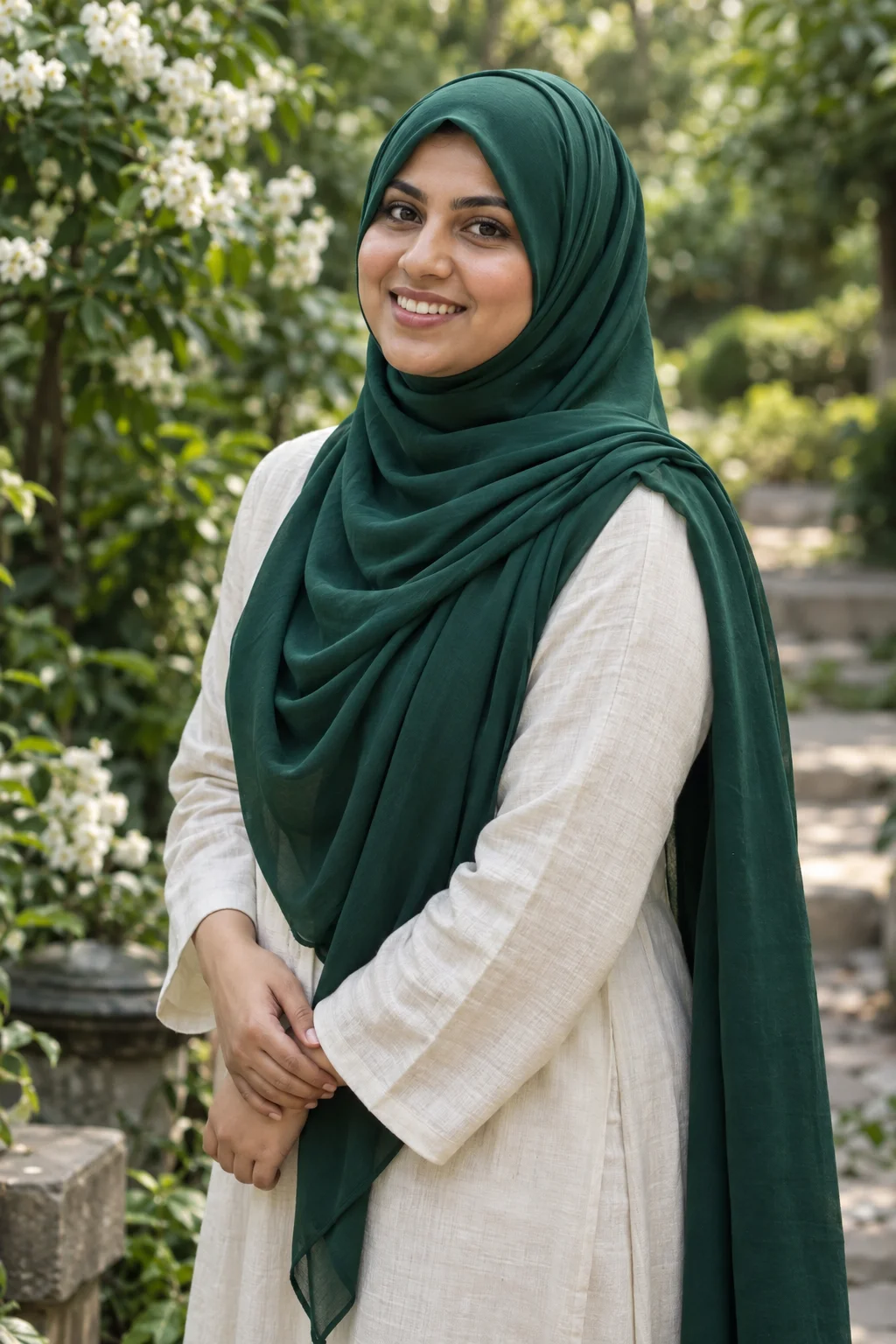 এমেরাল্ড সবুজ হিজাব: আইভরি পোশাকে দিনের সাজ - Image 1