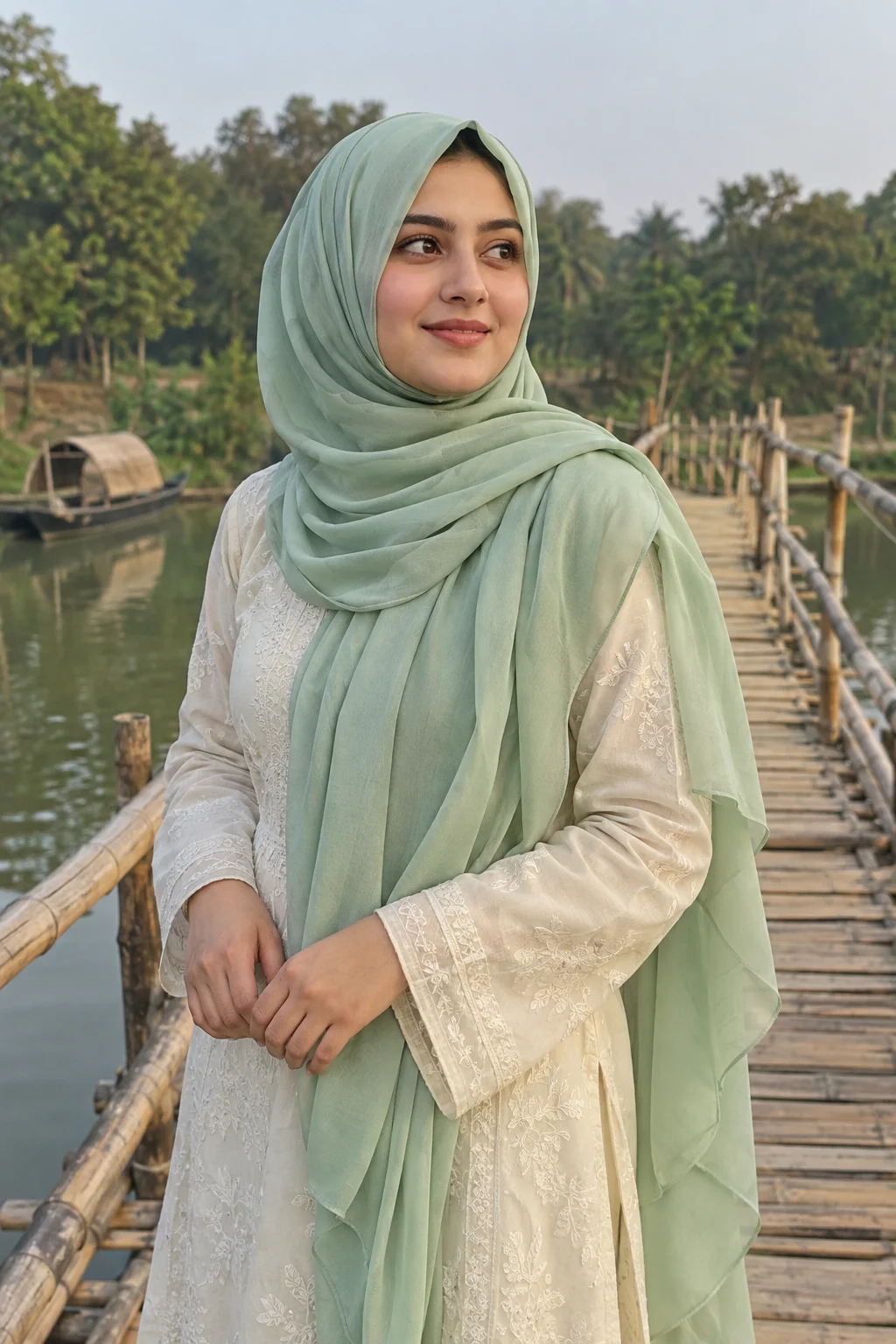 মিন্ট জর্জেট হিজাব: আইভরি পোশাকে নদীপাড়ের স্নিগ্ধ সাজ - Image 1