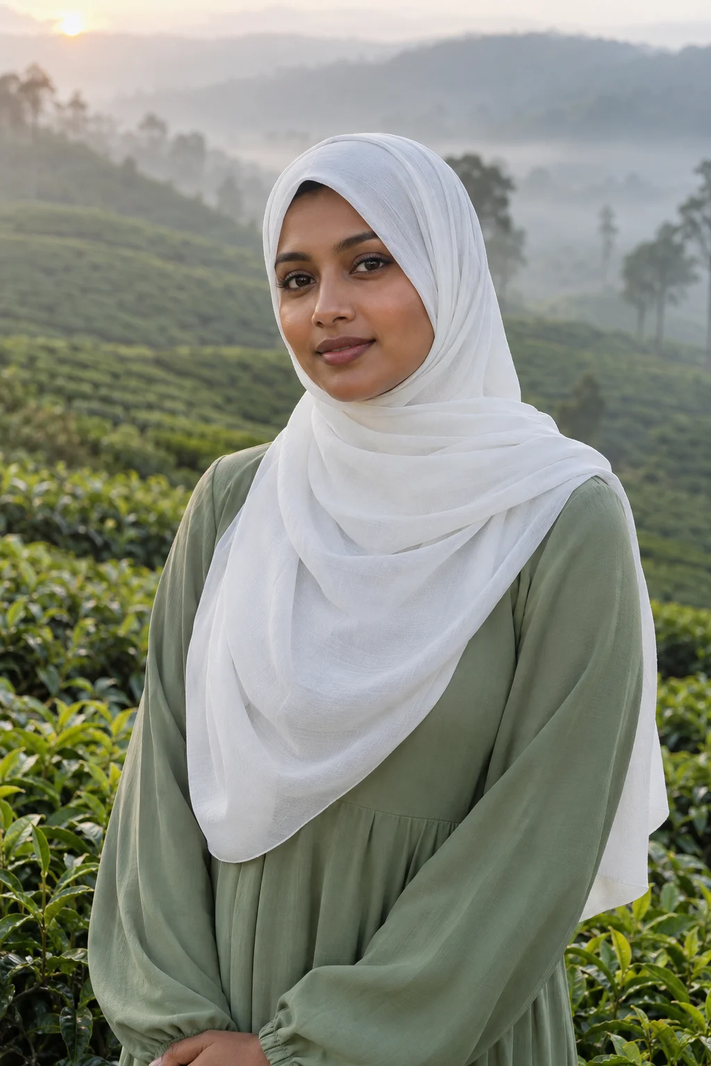 সাদা ডায়মন্ড জর্জেট হিজাব: কুয়াশার চা বাগানে সেজ লুক - Image 1